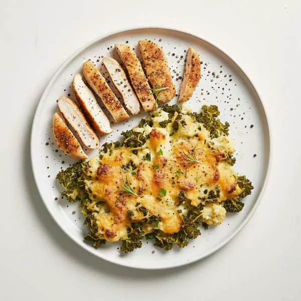 Peppercorn Chicken Strips With Cheesy Kale Cauliflower Bake